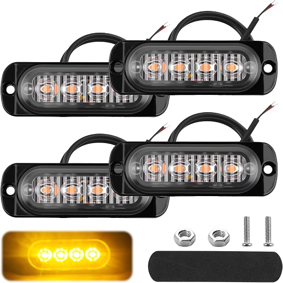 4 Pack Car Strobe Flashing Light 12V-24V 4 LED Amber Safety Emergency Light | Universal Bar Breakdown Beacon Strobes Hazard Warning Lighting, Waterproof, for Truck, Off-Road Vehicle, Car, Motorcycle [Energy Class A+++]