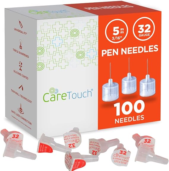 Care Touch Pen Needle 32 Gauge, 0.2"-5mm - Set of 100 Diabetic Fine Needles - Triple Sharpened, Silicone Coated Bevel, Thin Wall Technology, Secure Attachment - Compatible with Most Insulin Pens