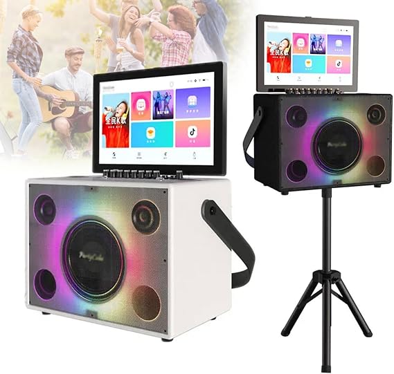 Portable Bluetooth Karaoke Machine, Professional Mini KTV Machine with 14" Touch Tablet, 2 Wireless Microphones, Foldable Color LED Speaker with 10Ah Lithium Battery, 500G Harddisk