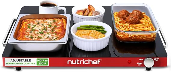 NutriChef Electric Warming Tray | Glass Surface Hot Serving Tray | Adjustable Temperature 140F to 230F | Energy Efficient & Space Saving | Perfect for Buffets,Parties & More | 21.2 x 16.5 in | Red