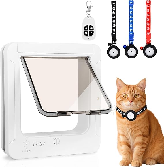 Smart Cat Door for Interior & Exterior, RFID Cat Pet Door with 3 Collar Sensor Keys & 1 Remote Control & 4 Way Locking Cat Flap with RFID Collar Sensor Automatic Opening Cat Door(white)