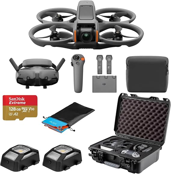 DJI Avata 2 Fly More Combo (3 Batteries) FPV Drone with Camera 4K, Propeller Guard, Camera Drone, Goggles 3 & RC Motion 3 Nanuk 925 Waterproof Hard Case, SD Card, Landing Pad, 2X Strobe LEDs