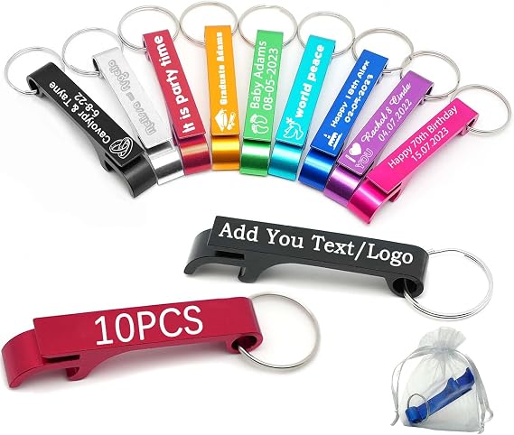 10 Pcs Personalized Bottle Opener Keychain Bulk, Engraved Text/Logo/Photo