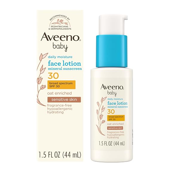 Aveeno Baby Daily Moisture Face Lotion SPF 30, 1.5 fl. oz | Oat Enriched Face Moisturizer with Mineral Sunscreen, Broad-Spectrum Sun Protection for Sensitive Skin, Hypoallergenic