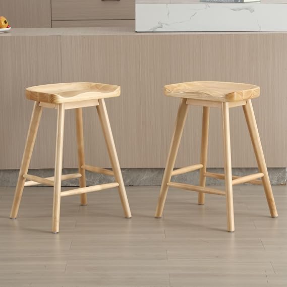 HNY Backless Counter Height Bar Stools Set of 2, 24 Rustic Farmhouse Wooden Saddle Stools Ergonomic-Seat Bar Chairs, Bar Height Barstools for Kitchen Counter Island, Natural