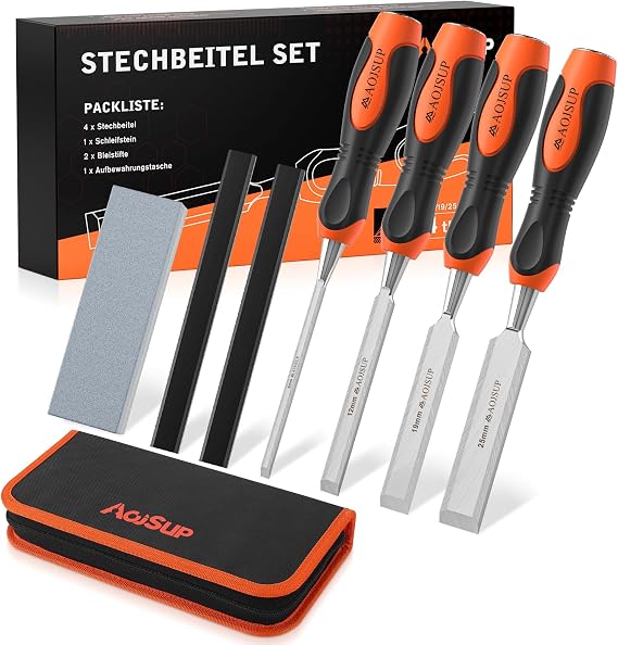 Wood Chisel Set, Professional Chisel Set Included 4X Wood Chisel(6mm, 12mm,19mm, 25mm), 2X Carpentry Pencils, 1x Whetstone, 1x Storage Bag, Perfect for Woodworking, Wood Carving & Sculpting