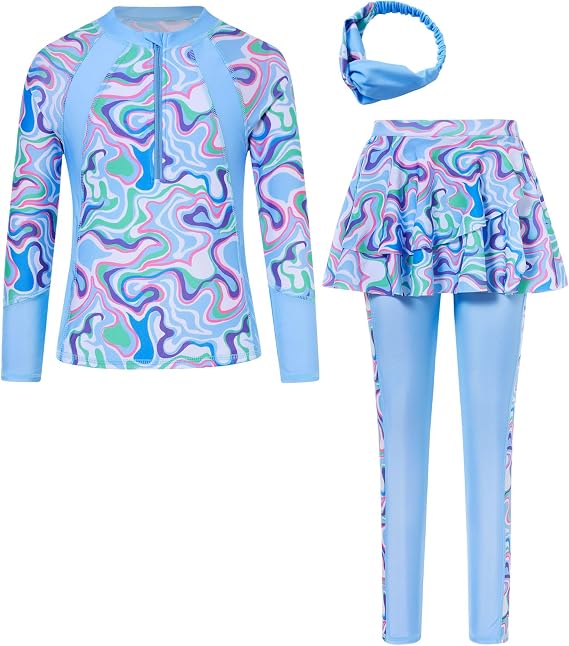 Girls Long Sleeve Rashguard Half Zip Swimsuits UPF 50+ Two Piece Swim Sets with Hairband 5-12Y | Two Piece Swim Sets with Hairband