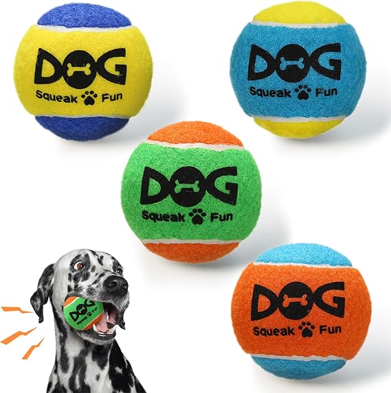 INSUM Squeaky Balls for Dogs, Squeaky Dog Toys Balls for Fetch, Funny Puppy Chew Toys, Built-in Squeaker, Idea for Doggie Birthday Gift, Large - 4 Pack