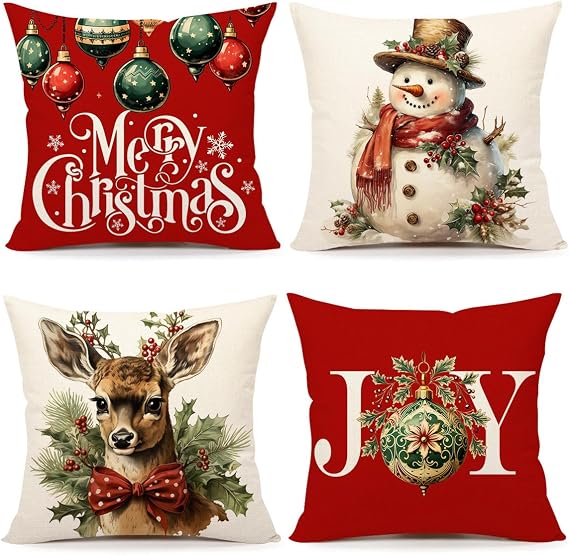 4TH Emotion Christmas Pillow Covers 18x18 Set of 4 Red White Farmhouse Xmas Decorations Snowman Deer Joy Winter Holiday Decor Throw Cushion Case for Home Couch S24C04