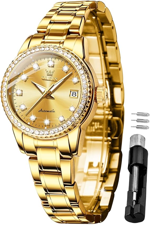 OLEVS Ladies Diamond Watches Automatic Mechanical Luxury Dress Classic Self Winding Stainless Steel Wrist Watch for Women（Gold/Blue/Black/White Dial）