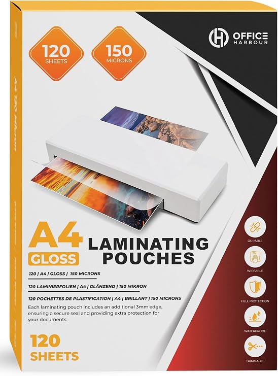 A4 Laminating Pouches 150 Micron – 120 Pack Premium Gloss Laminator Sheets – Strong, Waterproof & Durable – Clear Thermal Laminating Pockets for Documents, Photos, Certificates & Menus