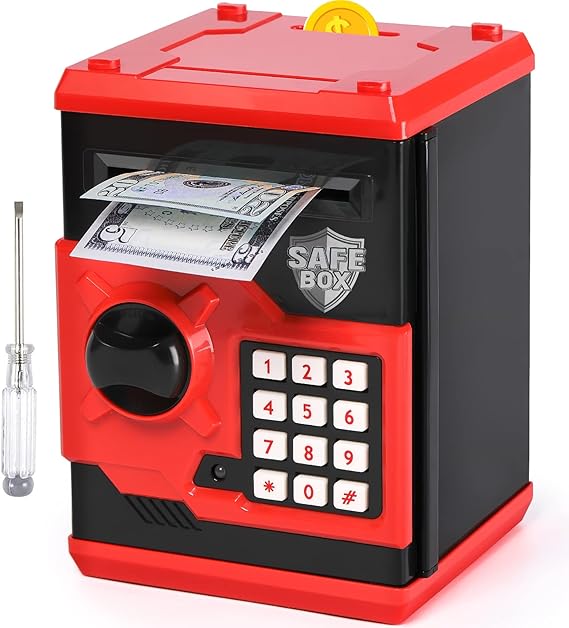 ATM Piggy Bank for Boys Girls, Vcertcpl Mini ATM Coin Bank Money Saving Box with Password, Kids Safe Money Jar for Adults with Auto Grab Bill Slot, Great Gift Toy Bank for Kids