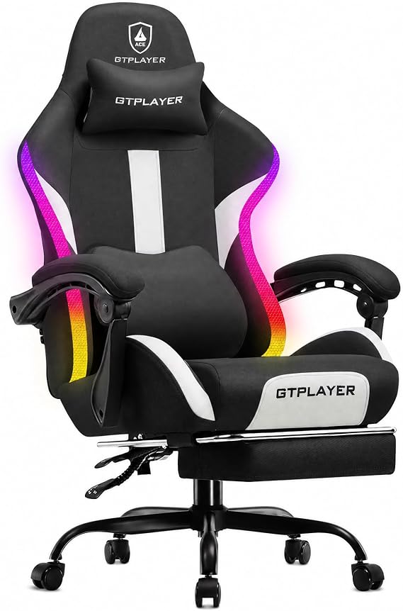 GTPLAYER RGB Gaming Chair with Footrest, LED Lights, Ergonomic Computer Chair with Linkage Armrest, Breathable Fabric for Home Office Desk - Video Game Chairs for Adults