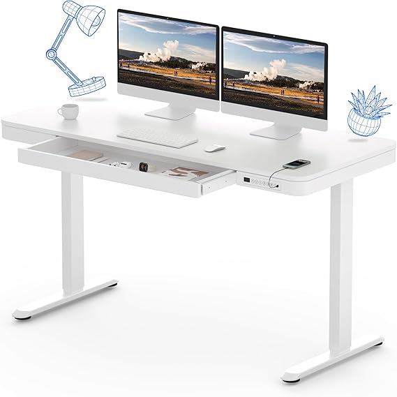 FLEXISPOT Q3 Standing Desk, Home Office Electric Height Adjustable Sit-Stand Desk with Drawer & Fast USB Chargers (White, 120 x 60 cm)