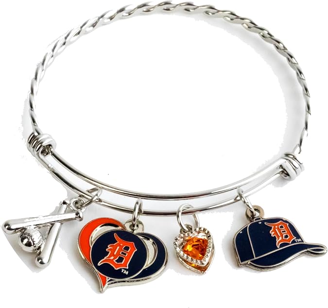 Detroit Baseball Charm Bangle Bracelet with 4 Unique Charms