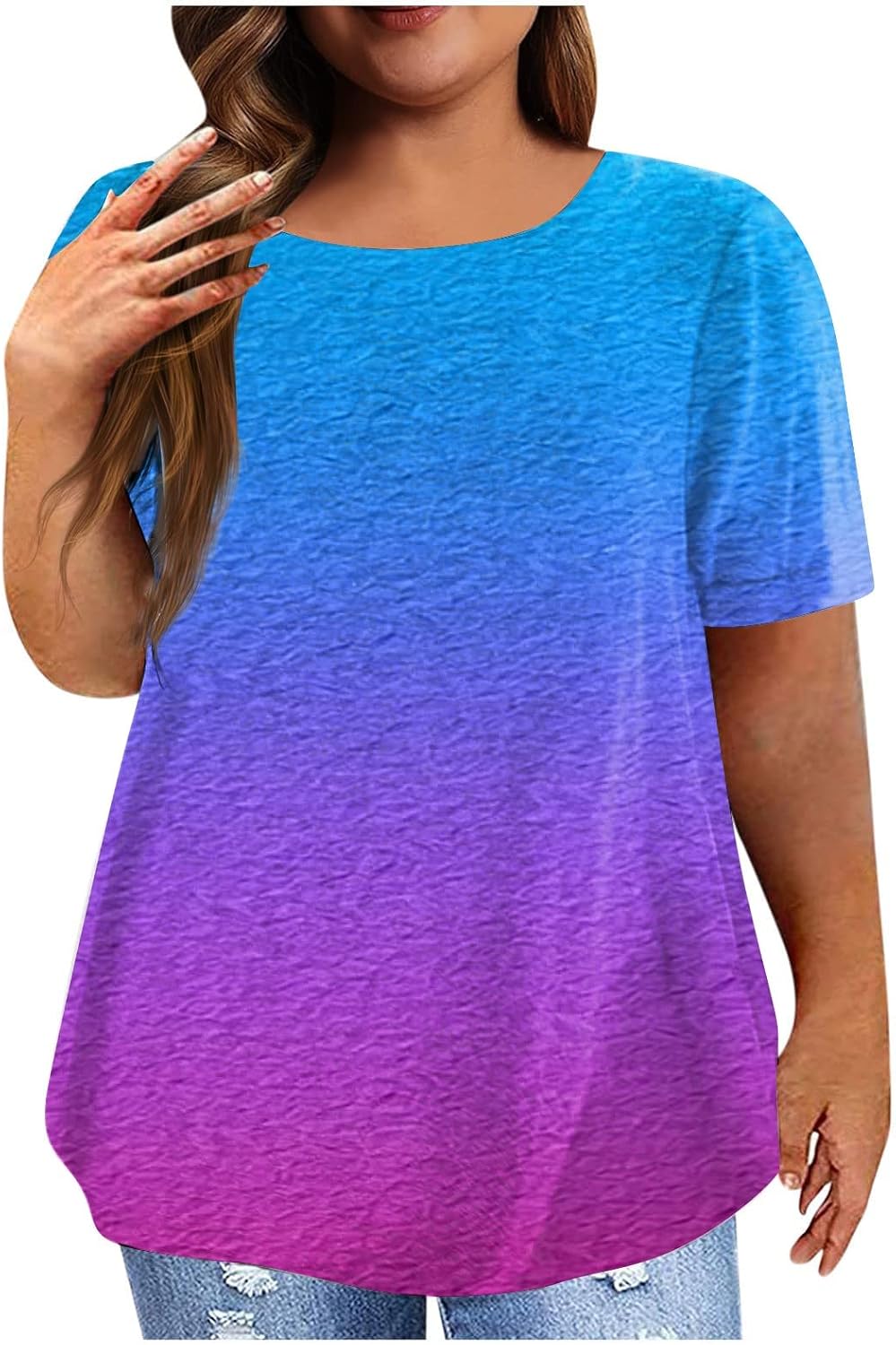 Womens Short Sleeve Tops Dressy Casual Floral Stylish Curved Hem Shirts Design Summer Round Neck Blouse Tunic Top