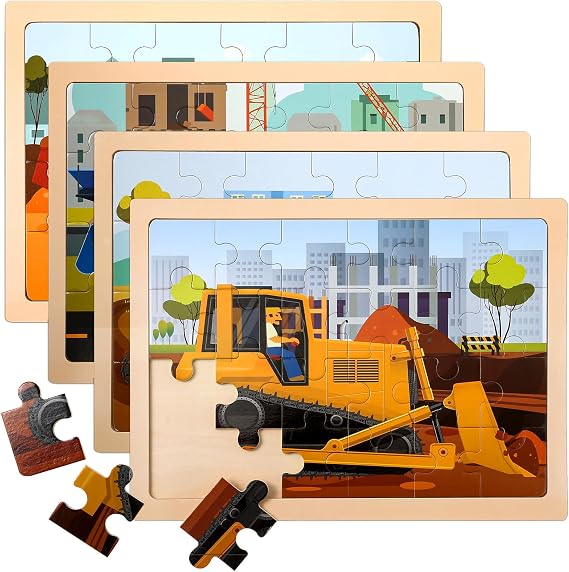 4-Pack Wooden Puzzles for Kids Ages 3-5, 24-Piece Construction Vehicle Set