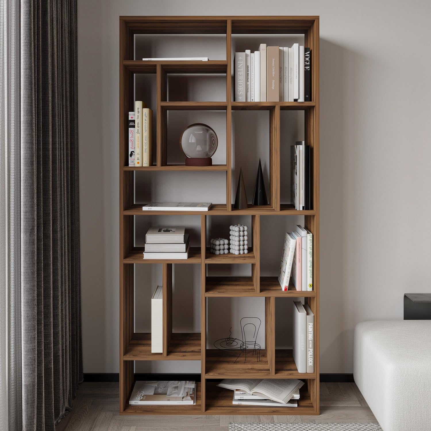 Nicola Library – 18 Shelves, Modern Library, Antique Walnut