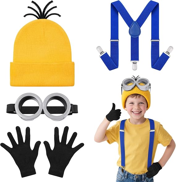 DiULi 4 PCS Yellow Halloween Costume Accessories Set, Cosplay Fun Party Costume, Cute Costume, World Book Day Children's Costume Including Hat, Steampunk Goggles, Gloves, Strap Clips