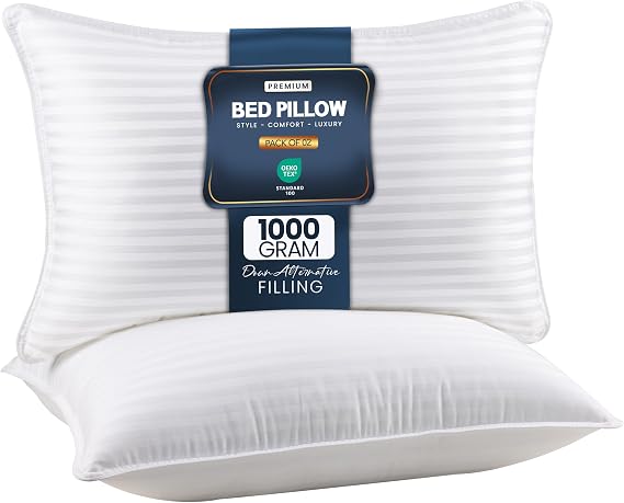Utopia Bedding Hotel Bed Pillows for Sleeping, Pillows Queen Size Set of 2 | Down alternative pillows, cooling hotel quality, luxury comfort for back, side & stomach sleepers, Premium Stripes, White