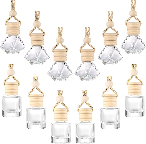 Patelai 12 Pcs 8ml Hanging Car Air Freshener Diffuser Bottle Empty Clear Glass Essential Perfume Oil Aromatherapy Fragrance Perfume Pendant Glass Bottle Decor with Wooden Caps(Classic Style)
