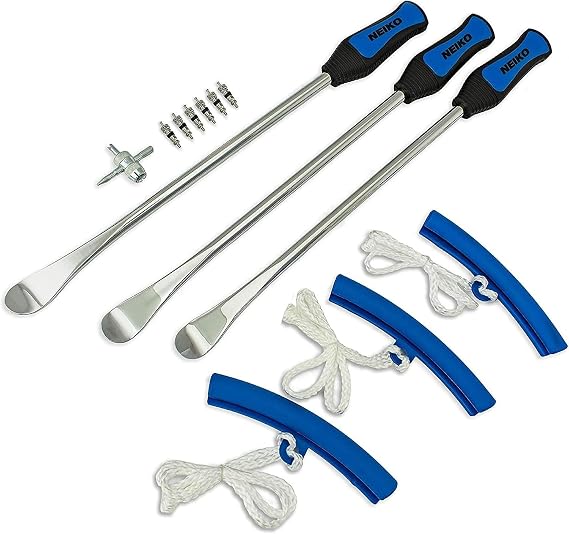 NEIKO 20601A 14.5 Steel Tire Spoons Tool Set, Tire Tools Include 3 Piece Tire Spoons, 3 Piece Rim Protector, Valve Tool, 6 Piece Valve Cores, Motorcycle Tire Changer, Dirt Bike Tire Levers