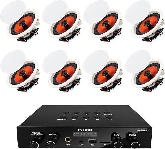 STUDIOFINIX 6.5 Inch Bluetooth 5.4 Ceiling Speakers with 4-Zone 8-Channel Amplifier,Independent Zone Volume Control for Home Theater, Studio,Multi-Room Audio System(8 Speakers)