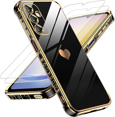 LeYi for Samsung Galaxy A25 5G Phone Case: with Tempered Glass Screen Protector [2 Pcs] Full Camera Lens Protection, Love Heart Plating Women Luxury Soft TPU Shockproof Case for Samsung A25 5G, Black