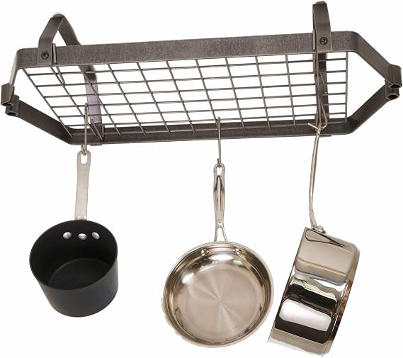 Handcrafted Low-Ceiling Retro Rectangle Pot Rack w 12 Hooks Hammered Steel