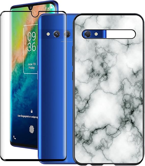 Case for TCL 10 Plus (6.47"), with [ 1 x Tempered Glass Protective Film], KJYF Black Soft Silicone Protective Cover Bumper Shockproof Phone Case for TCL 10 Plus - Marble