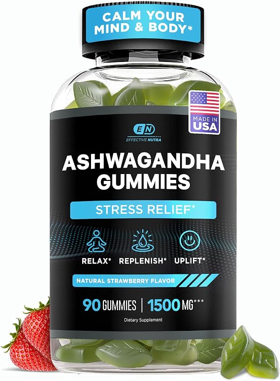 Effective Nutra Ashwagandha Gummies 1500 mg, Strawberry, 90 Count | Promotes stress relief and sleep support with extra strength ashwagandha, just 2 a day, 45-day supply for men and women