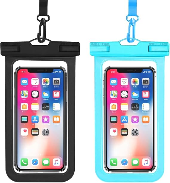 OHIFAST Waterproof Phone Pouch, IPX8 Cell Phone Case for iPhone 15 14 13 Pro Max Plus Galaxy S22 S23 up to 7" Essential Dry Bag for Beach Cruise Ship, 2 Pack(Black+Light Blue)