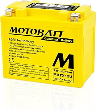 MotoBatt MBTX12U 12V 14 Amp 200CCA Factory Activated QuadFlex AGM Battery - YB12BB2, YTX12BS, YTX12, YTX14BS, YTX14, YTX14L, YTX14H, YTX14HBS, YTX14LBS, YTX15L, YTX15LBS, ETX12, ETX14, AUX-400-200