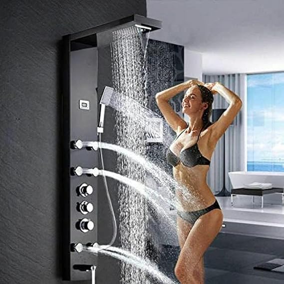 Stainless Steel Shower Panel Tower Suit,LED Rainfall Waterfall Shower Head 5-Function Faucet Rain Massage Suit with Body Jets-Black E,Black B