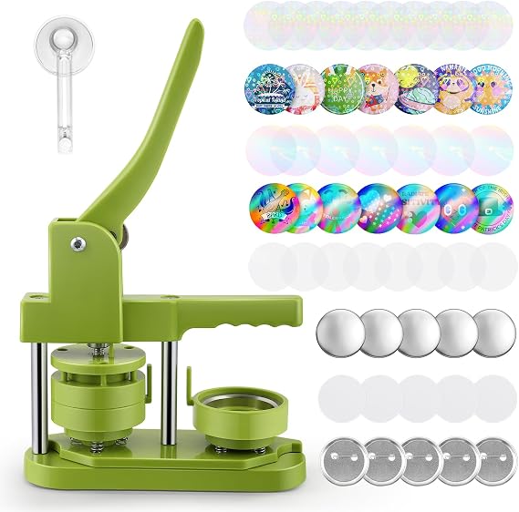 Button Maker Badge Machine 58 mm DIY Badge Press Machine Installation-Free Pin Badge Making Kit with 100 Metal Button Parts, Rainbow Film and Circle Cutters for Party and Gifts