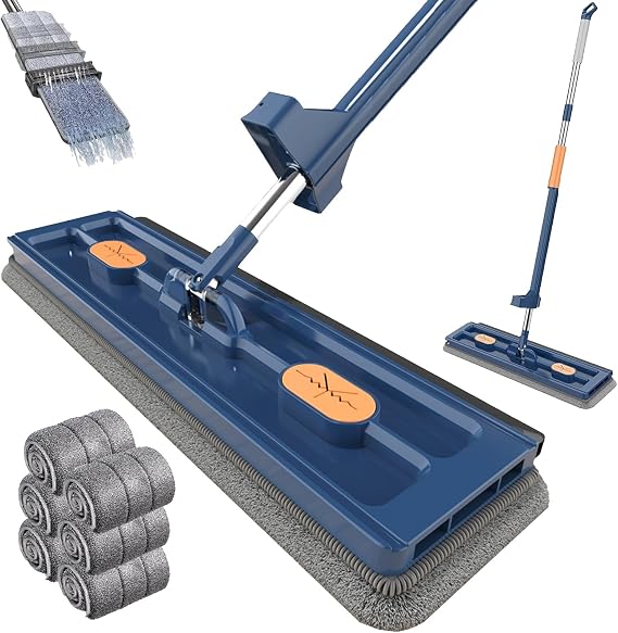Large Flat Mop, 360 Magic Mop Flat Mop and Bucket System with Dewatering Scraper,2023 Large Flat Mop, Wet and Dry Use, Floor Mop Set for Hardwood Laminate Tiles,White, 4pce, Blue
