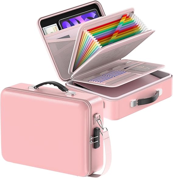 Fireproof Document Box with Lock&Shoulder Strap, Hard-Shell Case File Organizer with Accordion File Folder, Multi-Layer Portable Home Office (Pink)