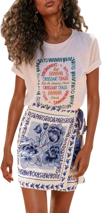 CHARTOU Women's Summer Floral Print Wrap Short Skirt Knot Side High Waist A Line Beach Mini Skirt