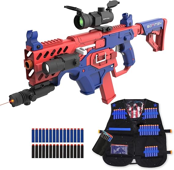 SOFITEN Automatic Electric Foam Dart Blaster Toy Set, High-Speed Soft Dart Blaster with Play Vest, 2 Clips & 120 Foam Darts, Bright Red Blue Outdoor Target Play Toy, Ages 14+