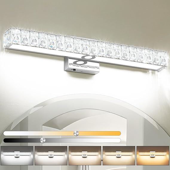 SOLFART Crystal 24 Inch Bathroom Lights Over Mirror Chrome 5CCT Dimmable