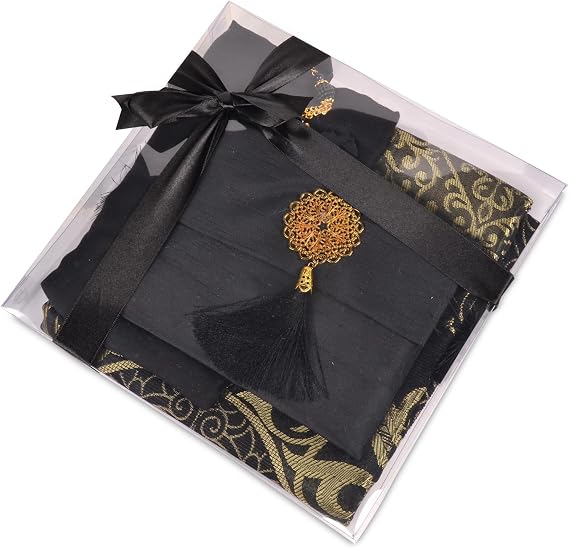BABY SHOWER CHOCOLATE Prayer Rug Islamic Gift Set, Velvet Prayer Mat, Prayer Beads, Scarf and Yaseen Book, Perfect Family and Muslim Eid Gifts (Black)