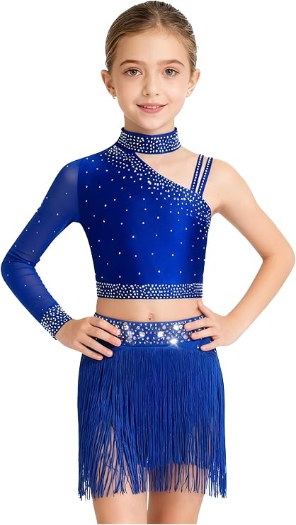 Jhaoyu Kids Girls Figure Skating Outfits 2pcs Sparkly Rhinestones Crop Top with Tassle Skort Skirt Jazz Latin Dance Dress Set