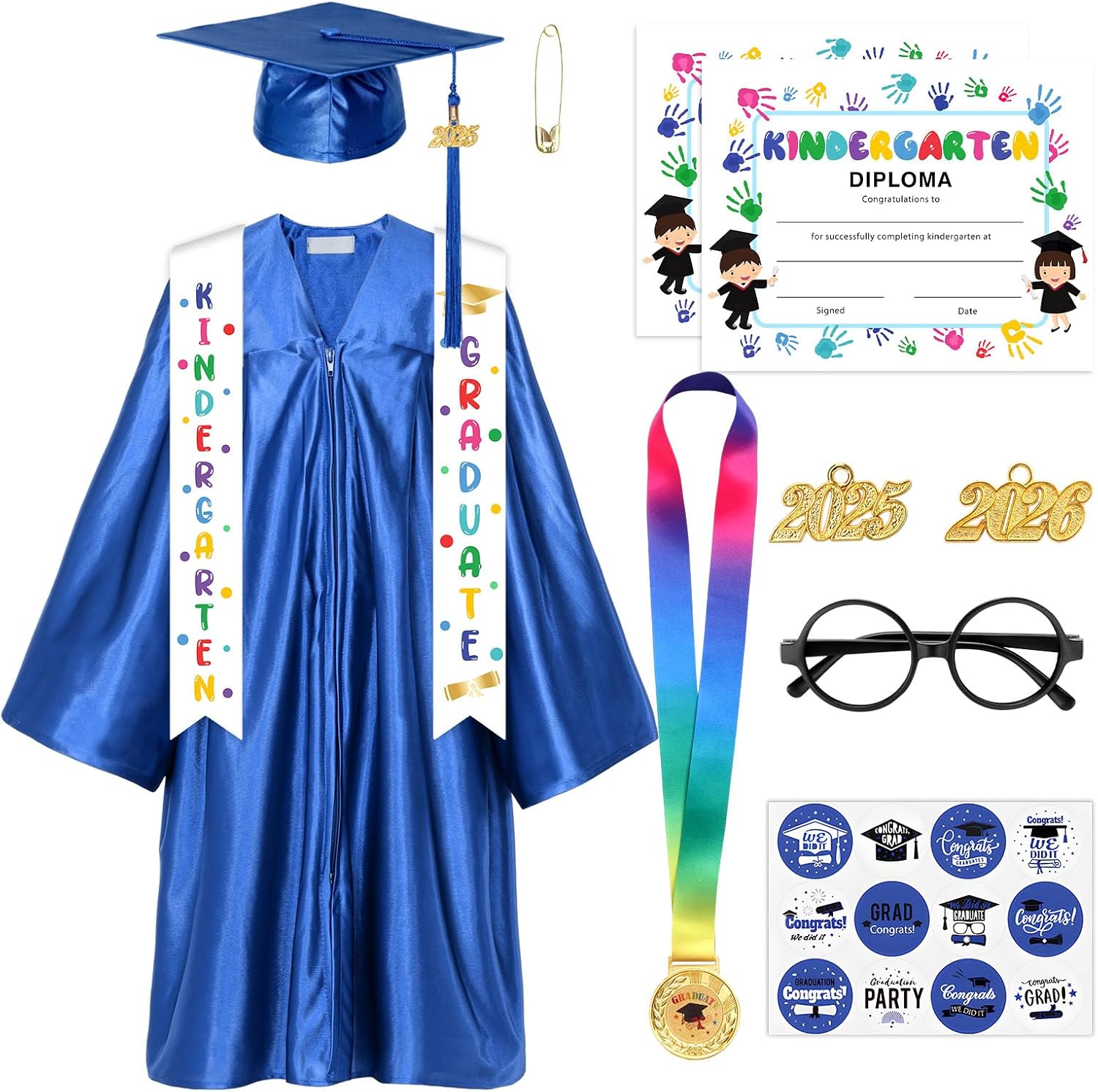 Kindergarten Graduation Cap and Gown 2025 Kids Preschool Graduation Shiny Cap Gown Set with Tassel Stole Certificate