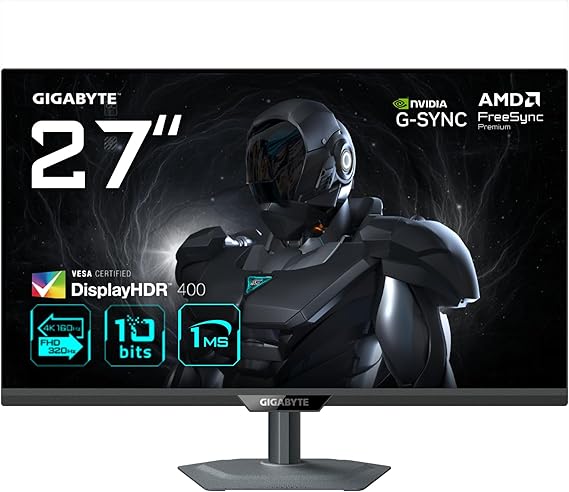 Gigabyte G27U 27” 4K UHD Gaming Monitor - Dual Mode (4K 160Hz or FHD 320Hz), 3840 x 2160, 1ms, 350 cd/m², FreeSync Premium, DisplayHDR400, HDMI 2.1, Displayport 1.4