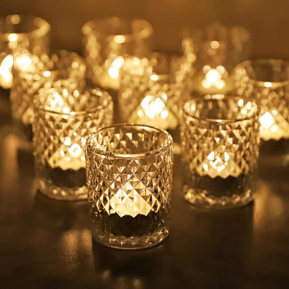 Diamond Tealight Holders Glass Set of 12, Glear Tea Light Candle Holders