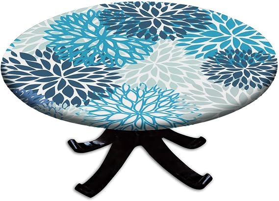 Round Elastic Edge Fitted Table Cover, Blue and Navy Flower Washable Wipeable Table Cloth, for Outdoor Picnic Patio Party or Indoor Canteen Dinner Dining Tables Decor, Fit for 28" Table
