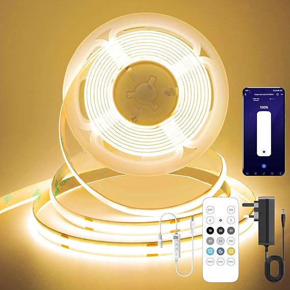 COB LED Strip Light 5M,24V Dimmable Dotless LED Strip with App and Remote dimmable,Warm White 2700K,8mm Wide,CRI>90,cutable Strip Lights with Power Supply for Bedroom,Kitchen,cabinets [Energy Class D]