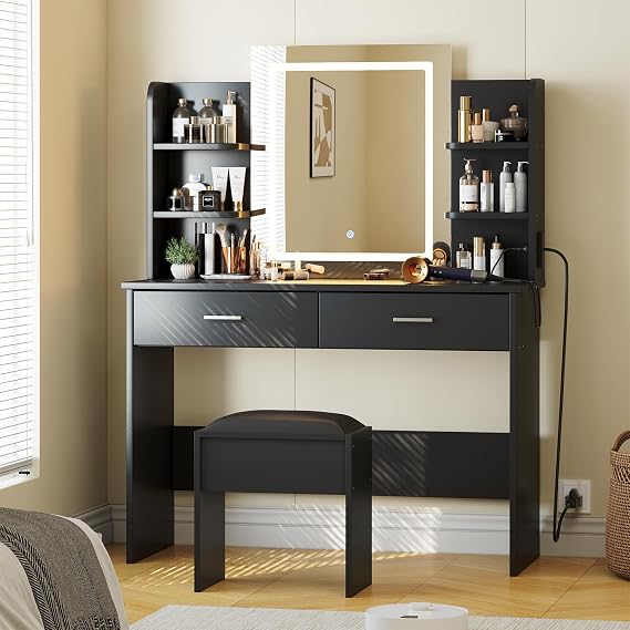 Makeup Vanity Desk with Mirror and LED Lights, Makeup Vanity Set with Power Outlet, Cushioned Stool, 3 Adjustable Light Colors, Dressing Table with 2 Drawers and 6 Storage Shelves for Bedroom, Black