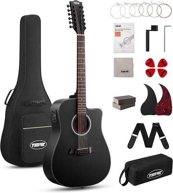 Tostar 12 String Acoustic Electric Guitar for All Players, Cutaway Black