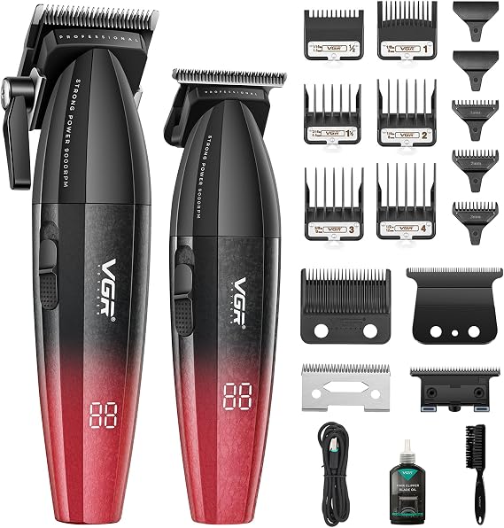 VGR 640 Professional Hair Clippers for Men, 9000RPM Cordless Barber Clippers and Trimmers Set, Zero Gap T-Blade Hair Cutting Kit, DLC Coated Ceramic Blade Barber Kit with LED Display(Red) and Blade
